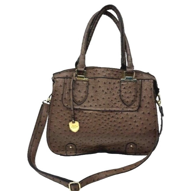London Fog Brown Ostrich Embossed Satchel Handbag With Shoulder Strap