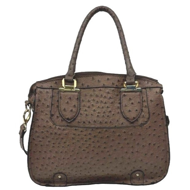 London Fog Brown Ostrich Embossed Satchel Handbag With Shoulder Strap