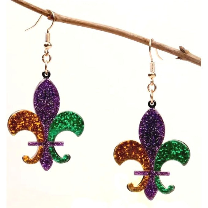Mardi Gras Fleur-De-Lis Glitter Earrings NEW