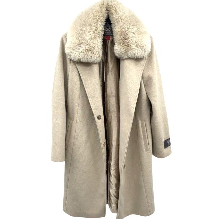 Vince Camuto Double Breasted Beige Faux Fur Collar Wool Blend Long Coat Size L
