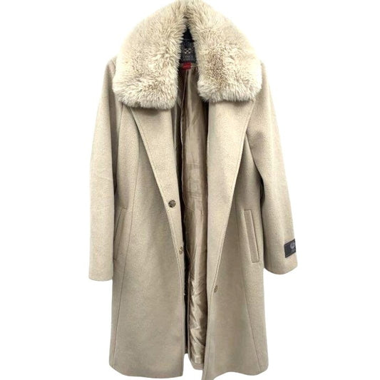 Vince Camuto Double Breasted Beige Faux Fur Collar Wool Blend Long Coat Size L