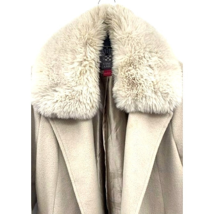 Vince Camuto Double Breasted Beige Faux Fur Collar Wool Blend Long Coat Size L