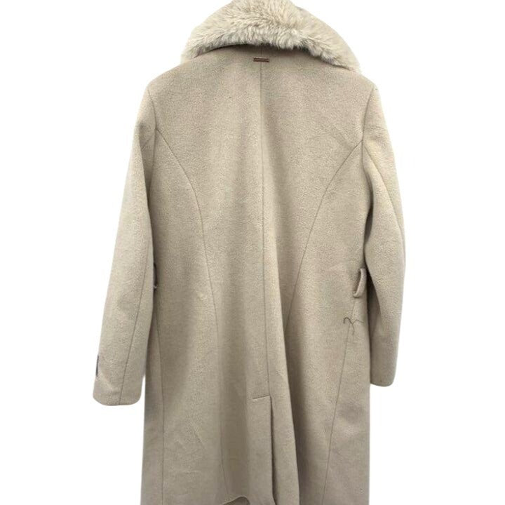 Vince Camuto Double Breasted Beige Faux Fur Collar Wool Blend Long Coat Size L
