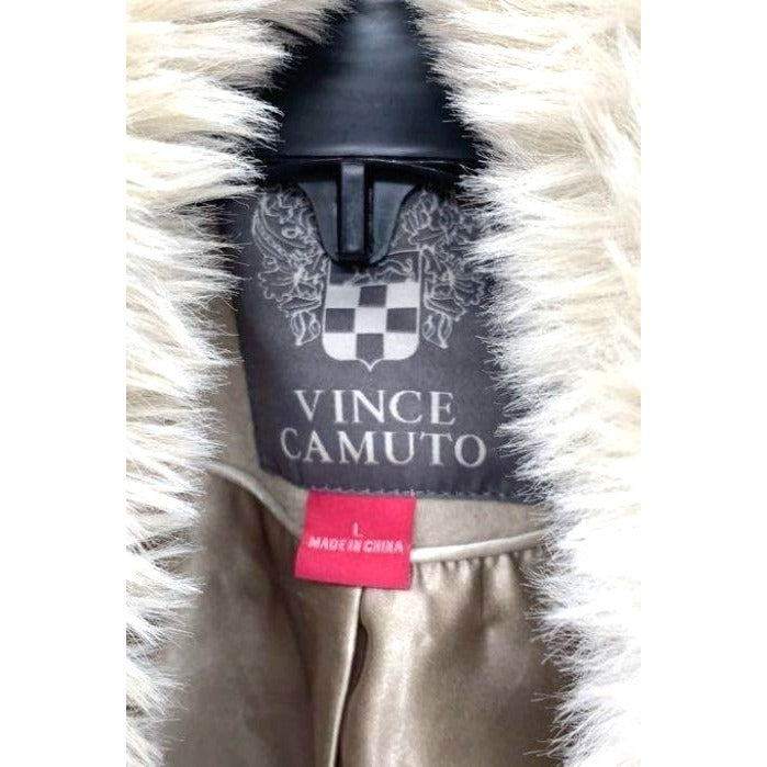 Vince Camuto Double Breasted Beige Faux Fur Collar Wool Blend Long Coat Size L
