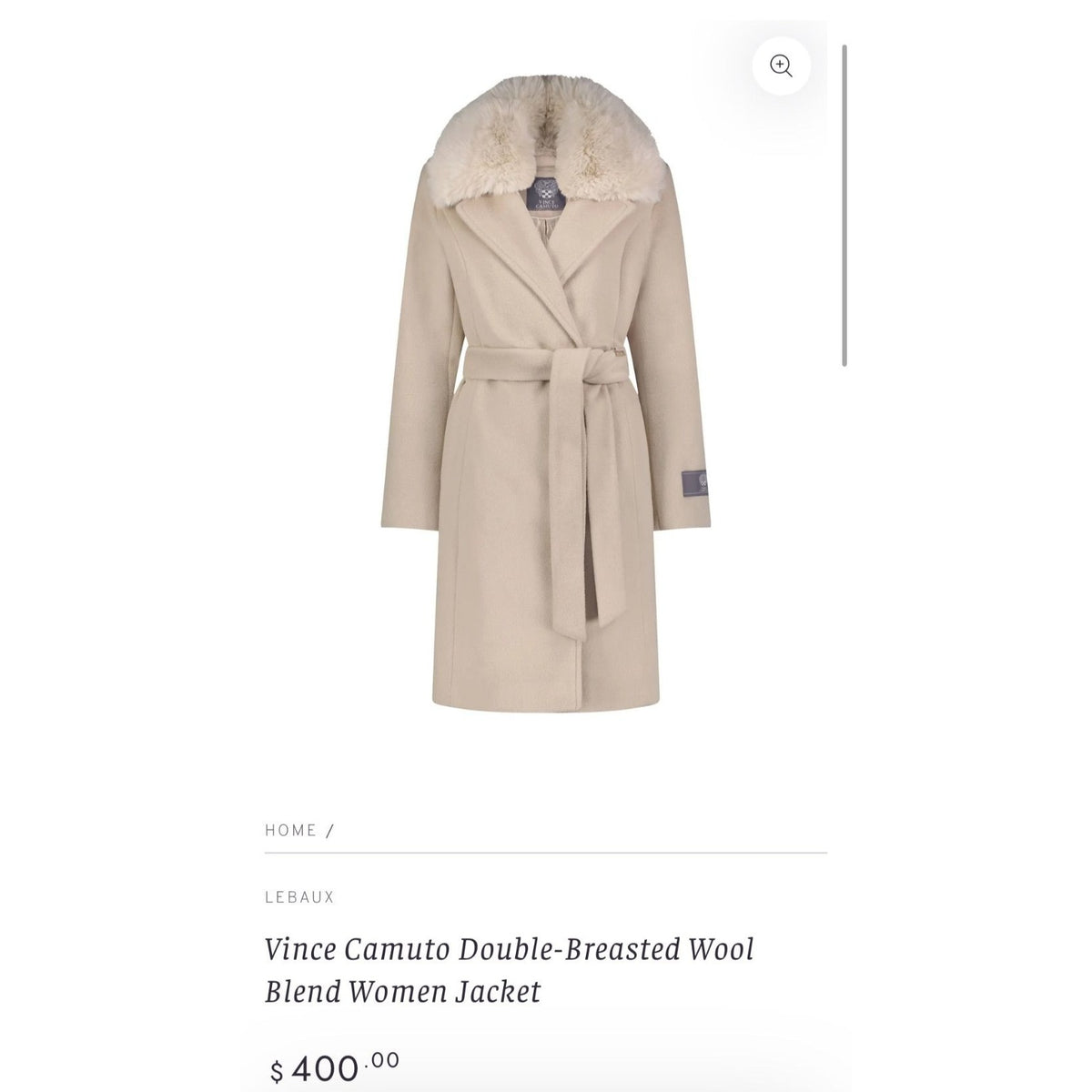 Vince Camuto Double Breasted Beige Faux Fur Collar Wool Blend Long Coat Size L