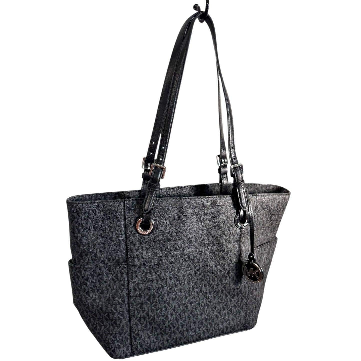 Michael Kors Jet Set Signature Black Monogrammed PVC Tote Bag With Adjustable Leather Straps & MK Charm Accent