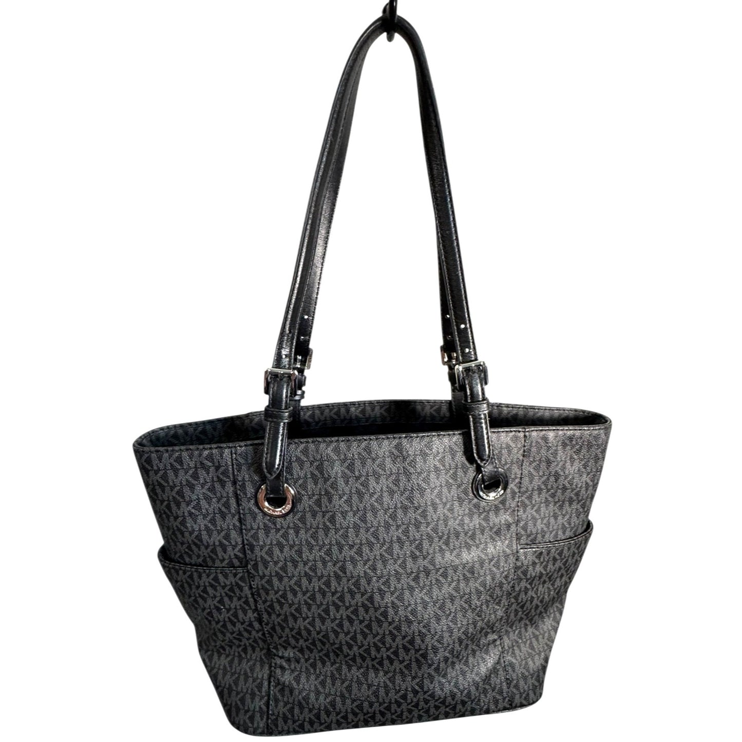 Michael Kors Jet Set Signature Black Monogrammed PVC Tote Bag With Adjustable Leather Straps & MK Charm Accent