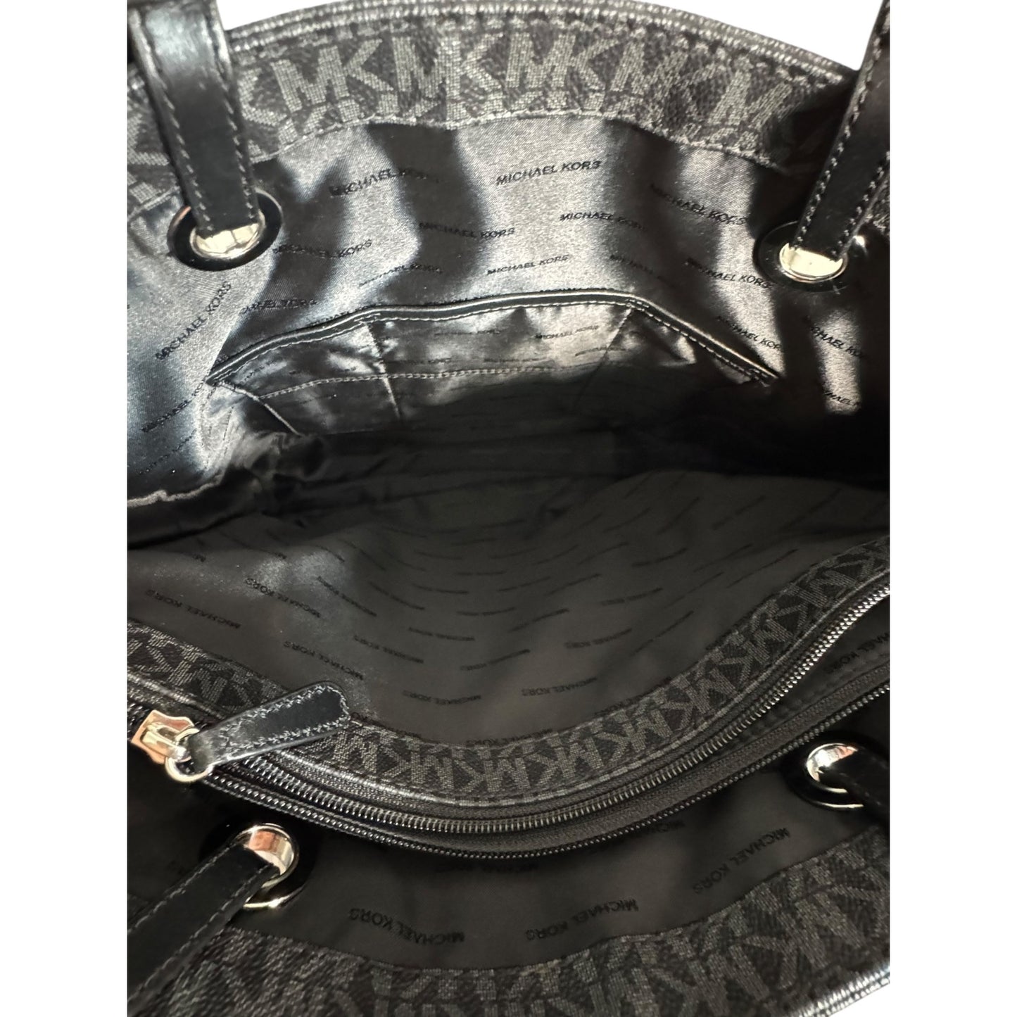 Michael Kors Jet Set Signature Black Monogrammed PVC Tote Bag With Adjustable Leather Straps & MK Charm Accent