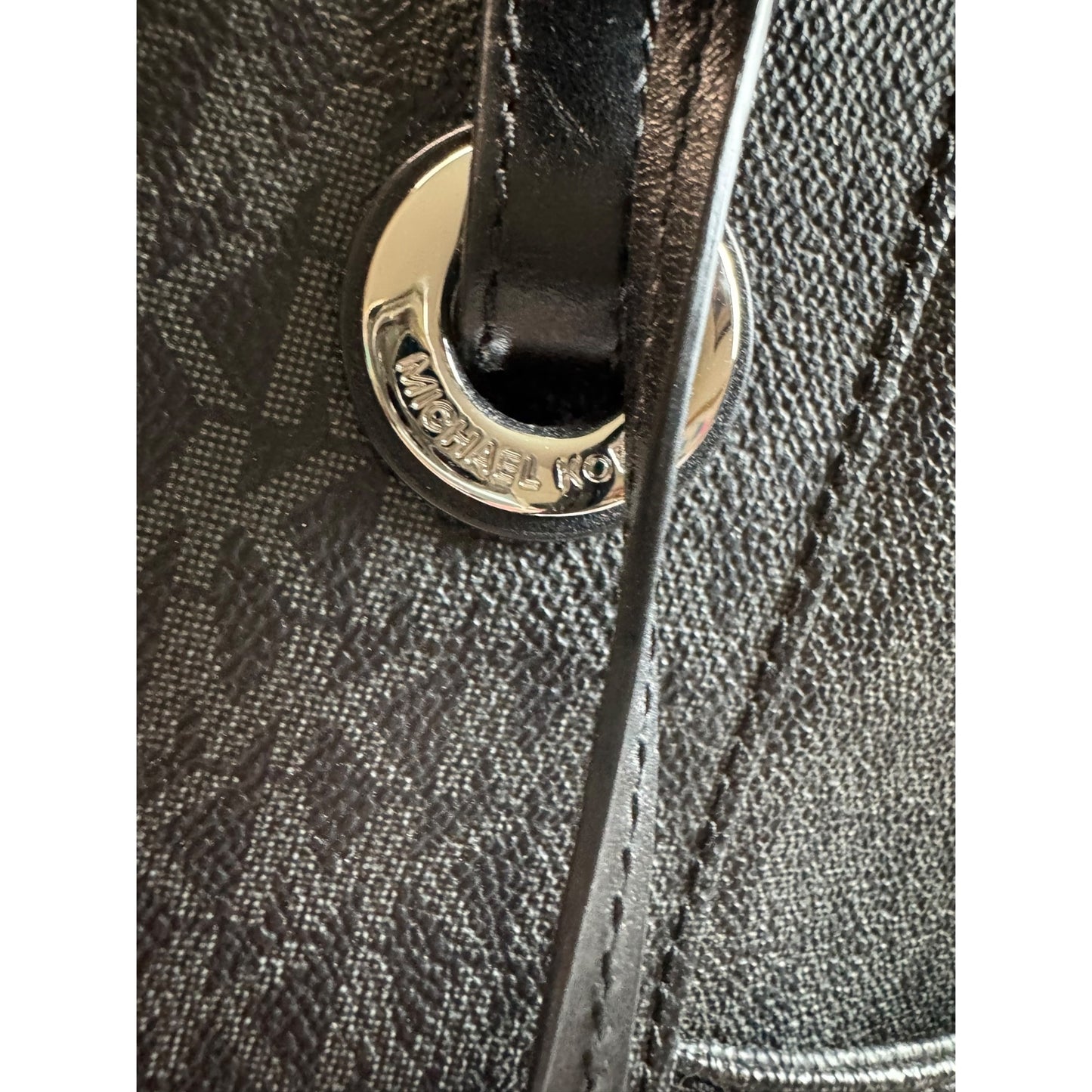 Michael Kors Jet Set Signature Black Monogrammed PVC Tote Bag With Adjustable Leather Straps & MK Charm Accent