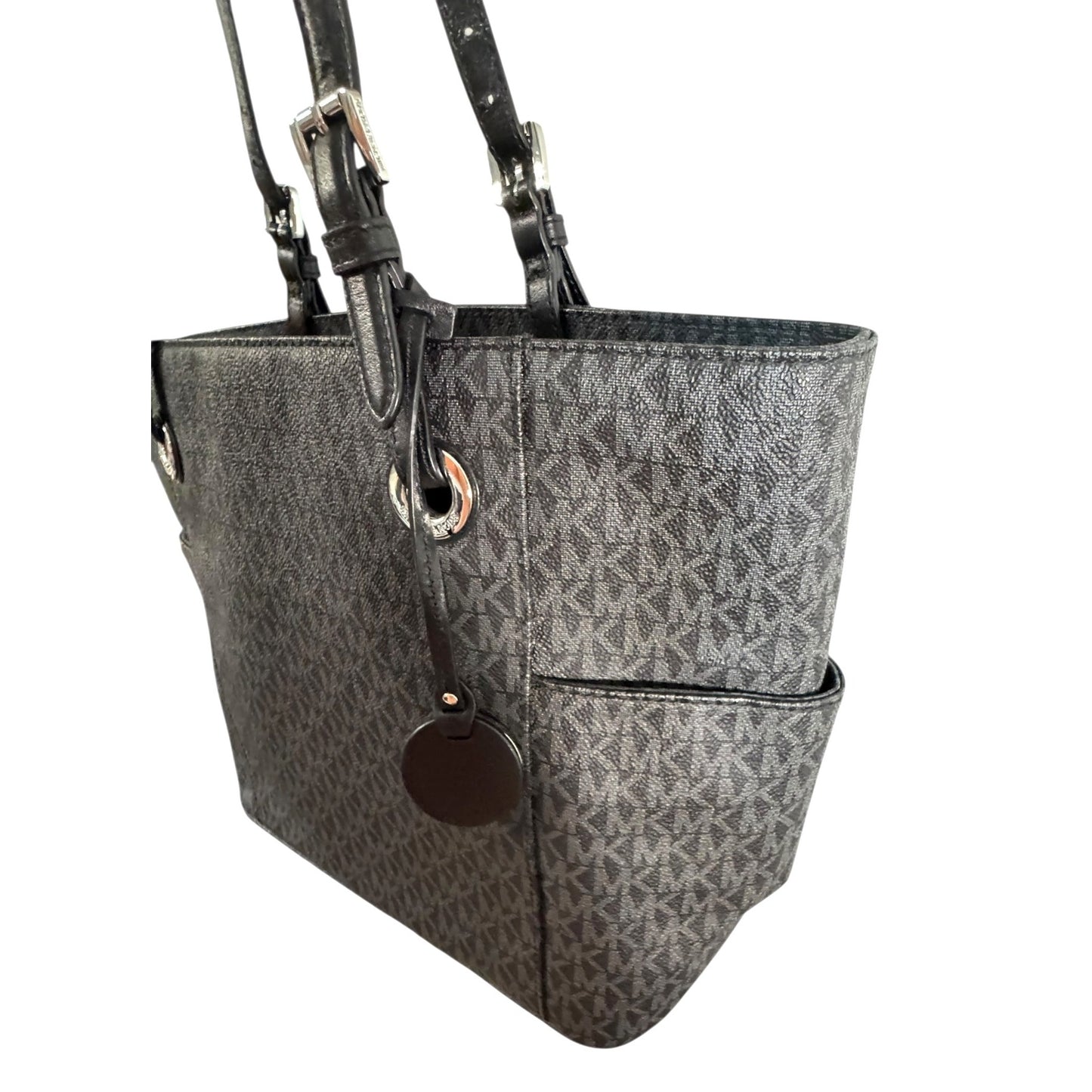 Michael Kors Jet Set Signature Black Monogrammed PVC Tote Bag With Adjustable Leather Straps & MK Charm Accent