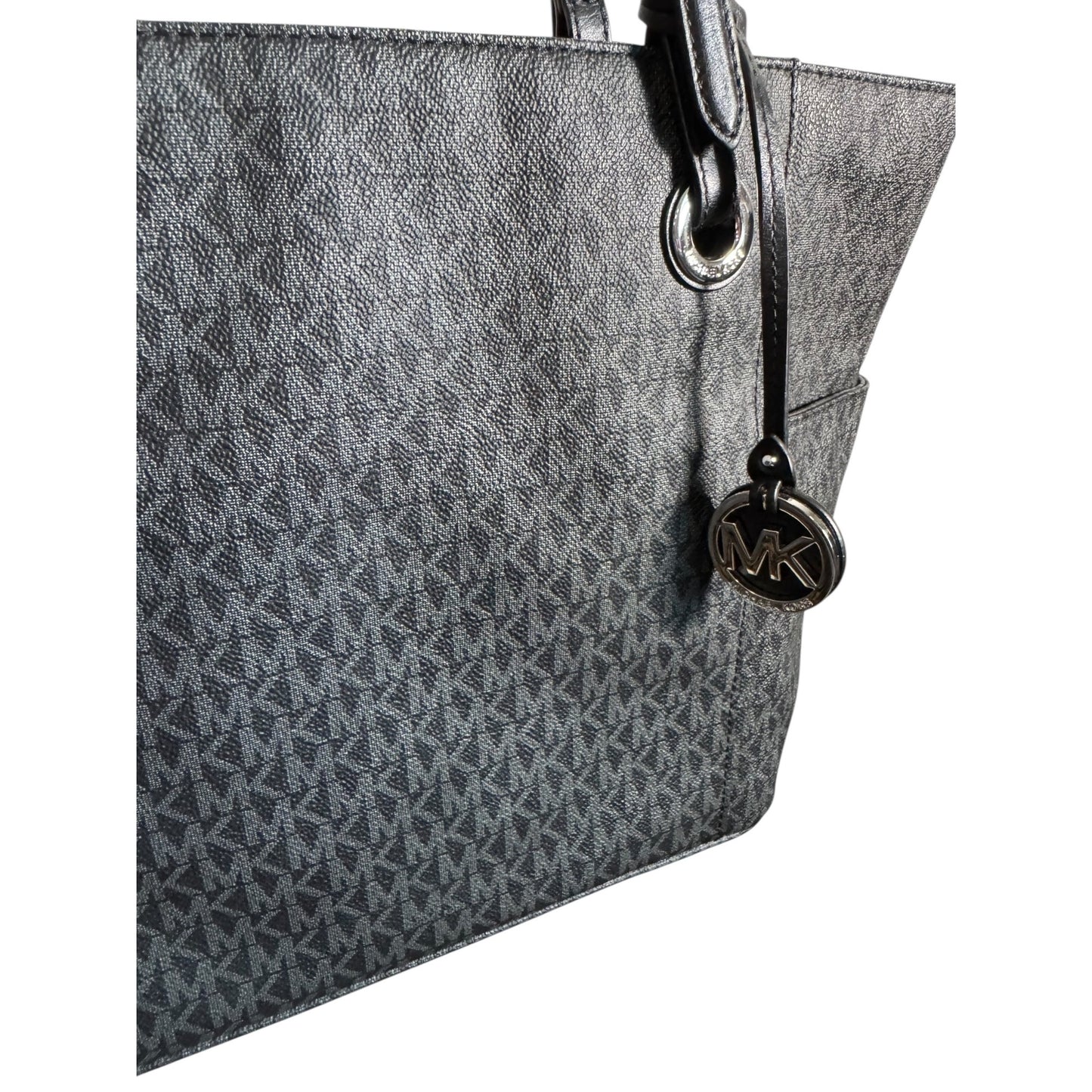 Michael Kors Jet Set Signature Black Monogrammed PVC Tote Bag With Adjustable Leather Straps & MK Charm Accent