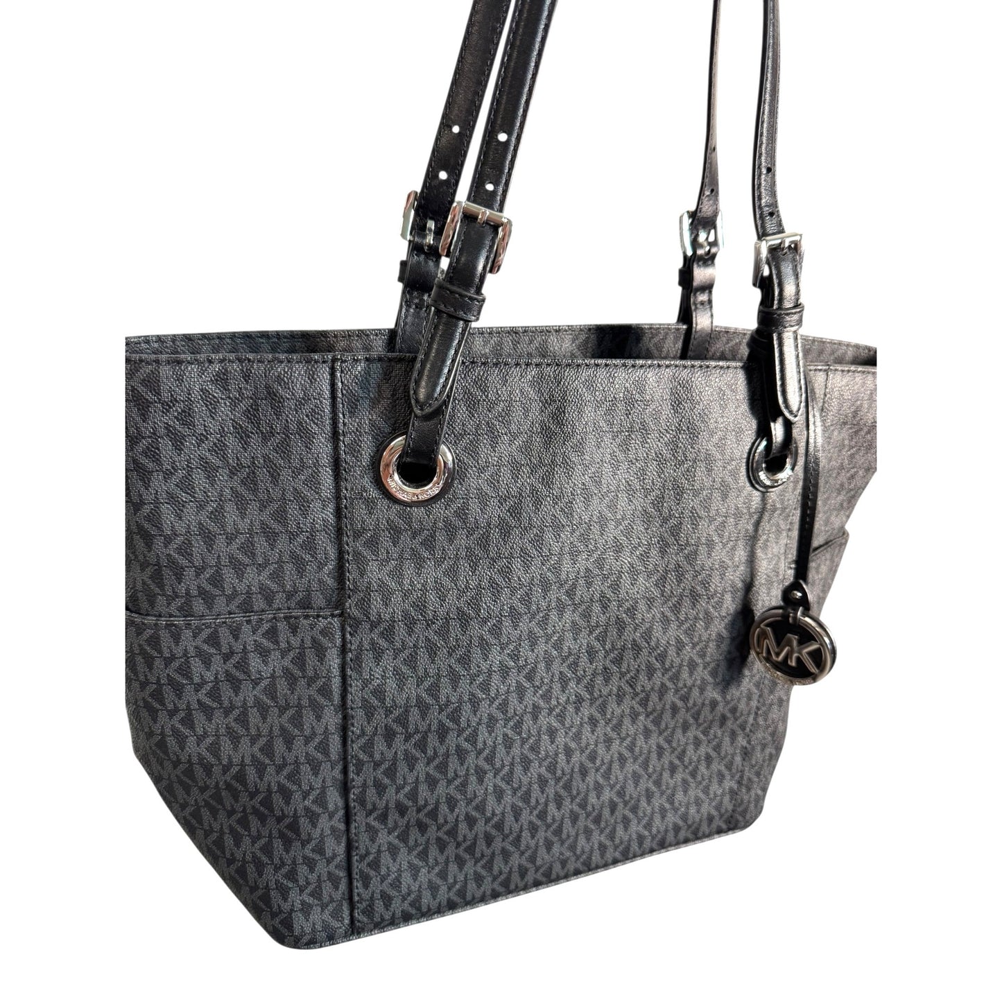 Michael Kors Jet Set Signature Black Monogrammed PVC Tote Bag With Adjustable Leather Straps & MK Charm Accent