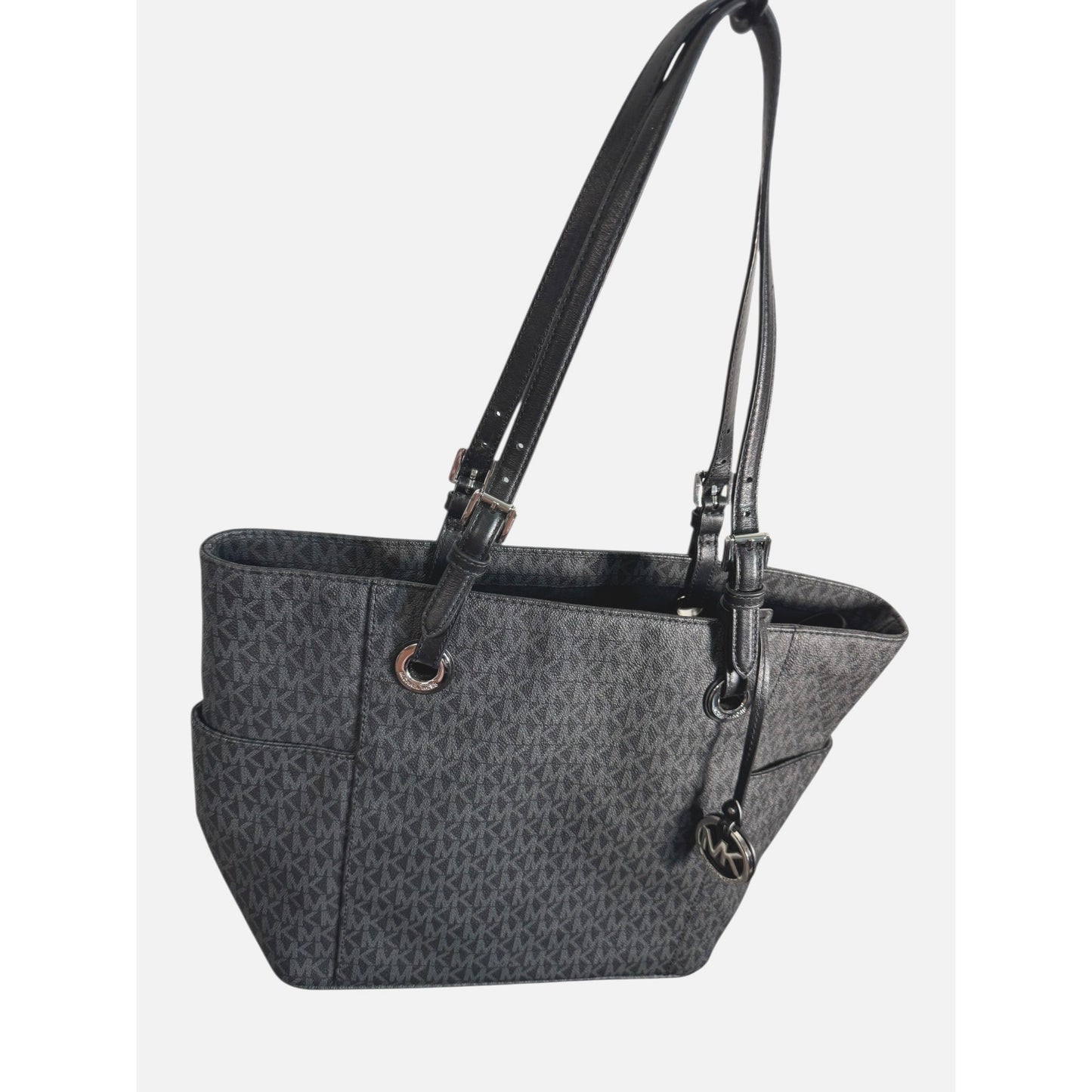Michael Kors Jet Set Signature Black Monogrammed PVC Tote Bag With Adjustable Leather Straps & MK Charm Accent