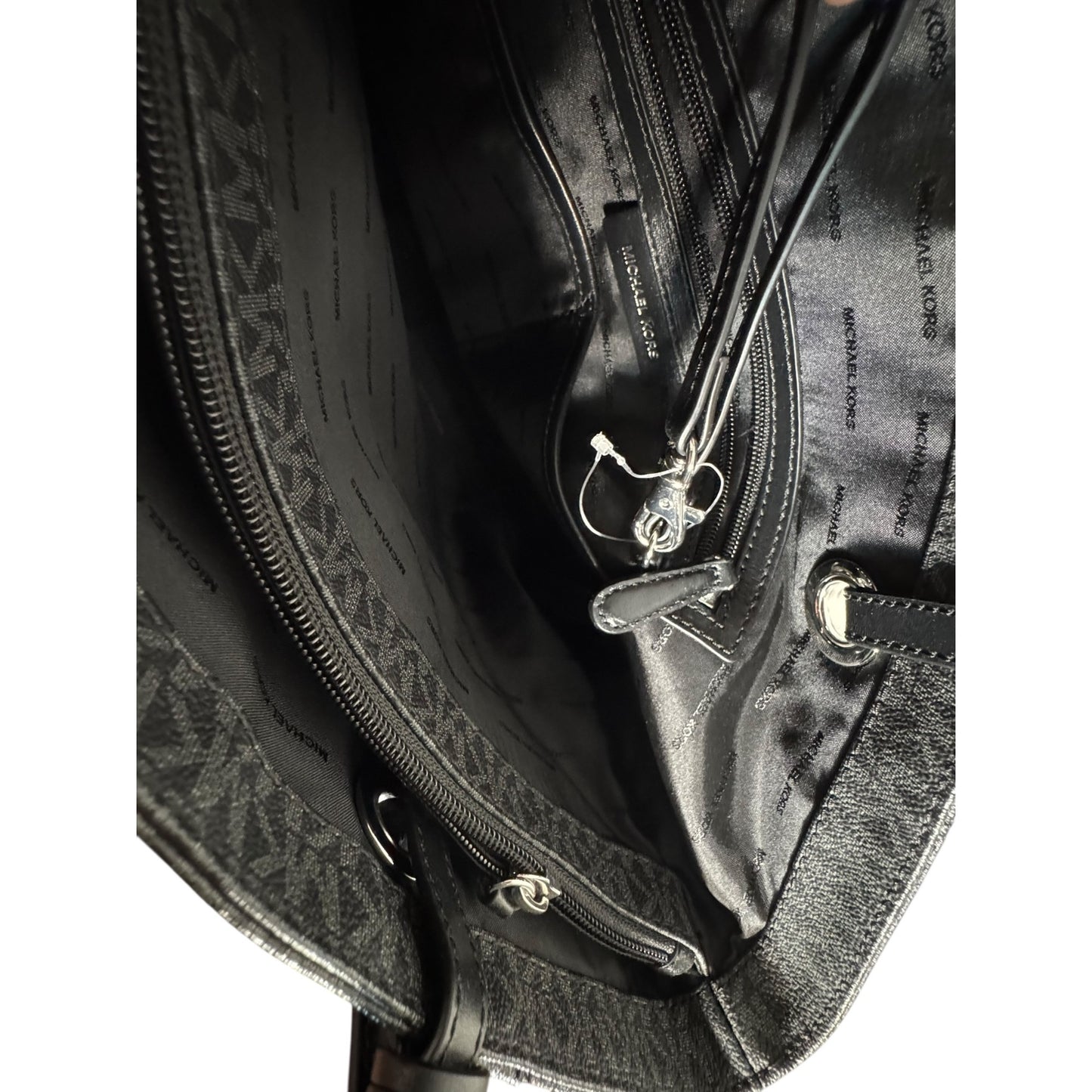 Michael Kors Jet Set Signature Black Monogrammed PVC Tote Bag With Adjustable Leather Straps & MK Charm Accent