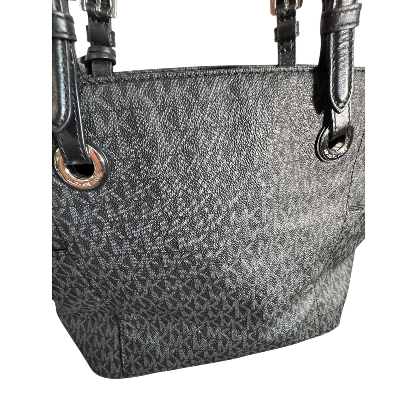 Michael Kors Jet Set Signature Black Monogrammed PVC Tote Bag With Adjustable Leather Straps & MK Charm Accent
