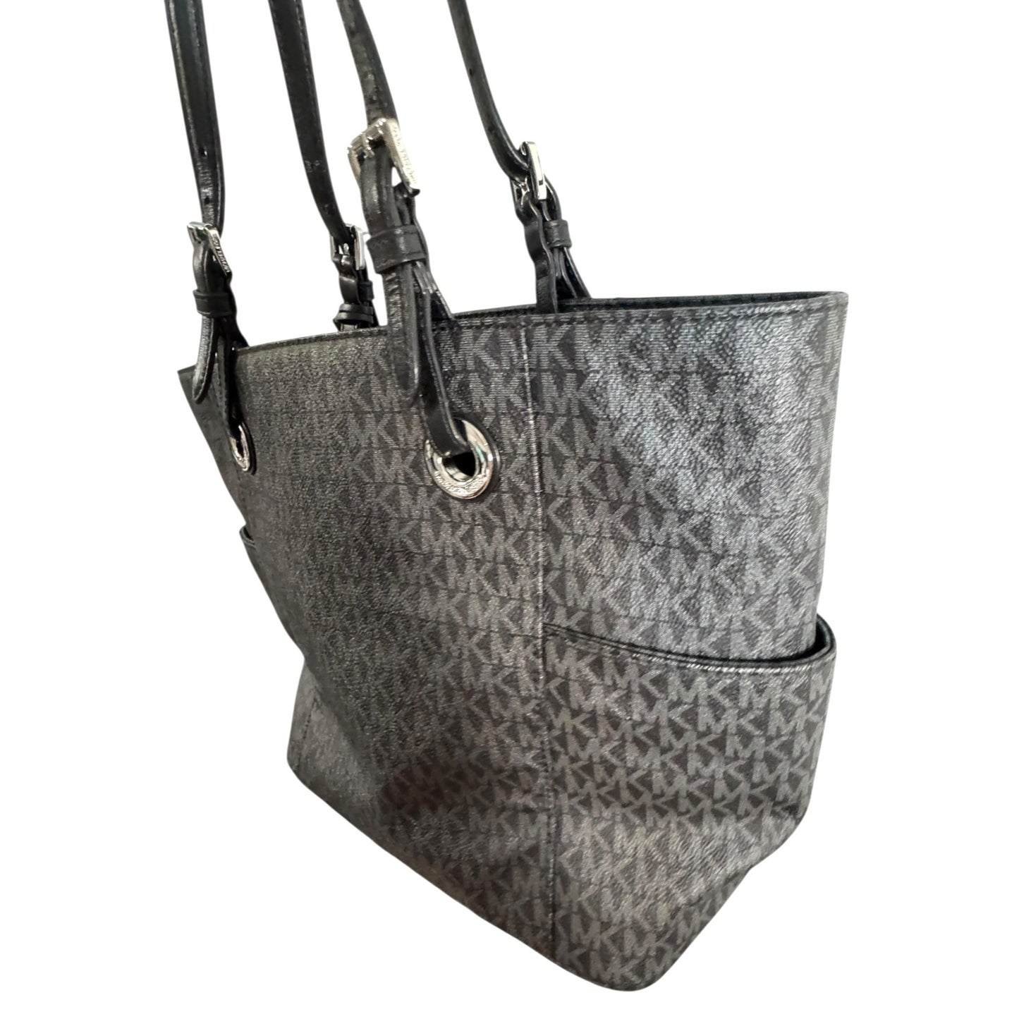 Michael Kors Jet Set Signature Black Monogrammed PVC Tote Bag With Adjustable Leather Straps & MK Charm Accent