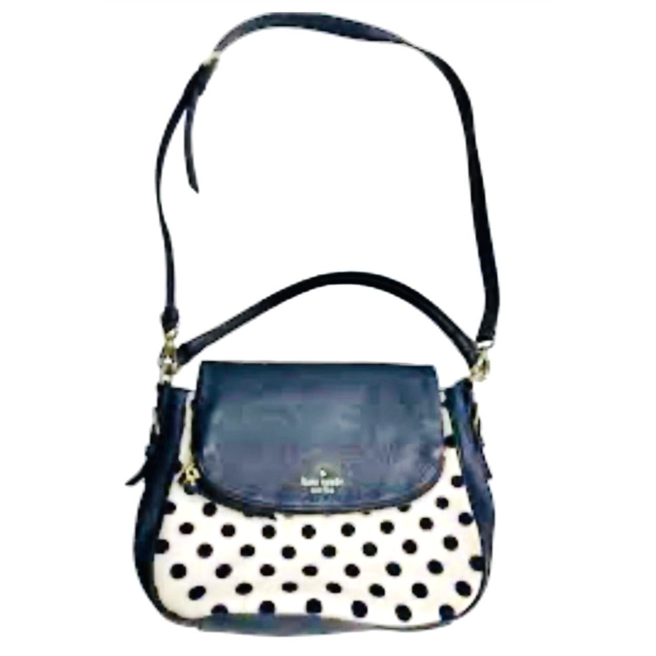 Kate Spade Leather & Canvas Navy Blue And Cream White Polka Dot Shoulder Bag