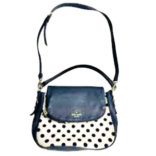 Kate Spade Leather & Canvas Navy Blue And Cream White Polka Dot Shoulder Bag
