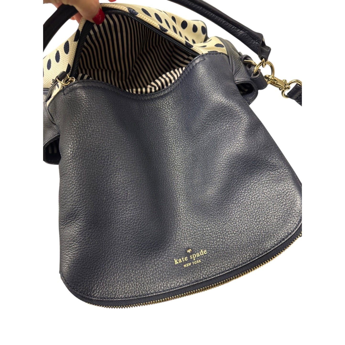 Kate Spade Leather & Canvas Navy Blue And Cream White Polka Dot Shoulder Bag
