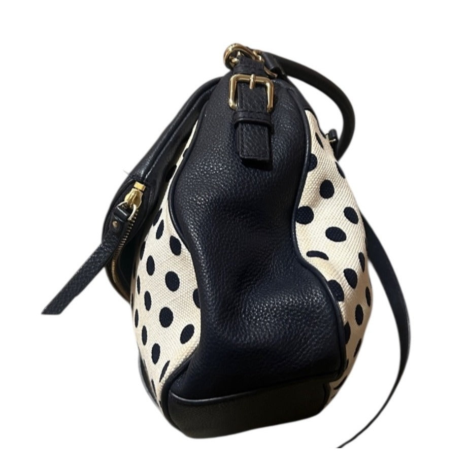 Kate Spade Leather & Canvas Navy Blue And Cream White Polka Dot Shoulder Bag