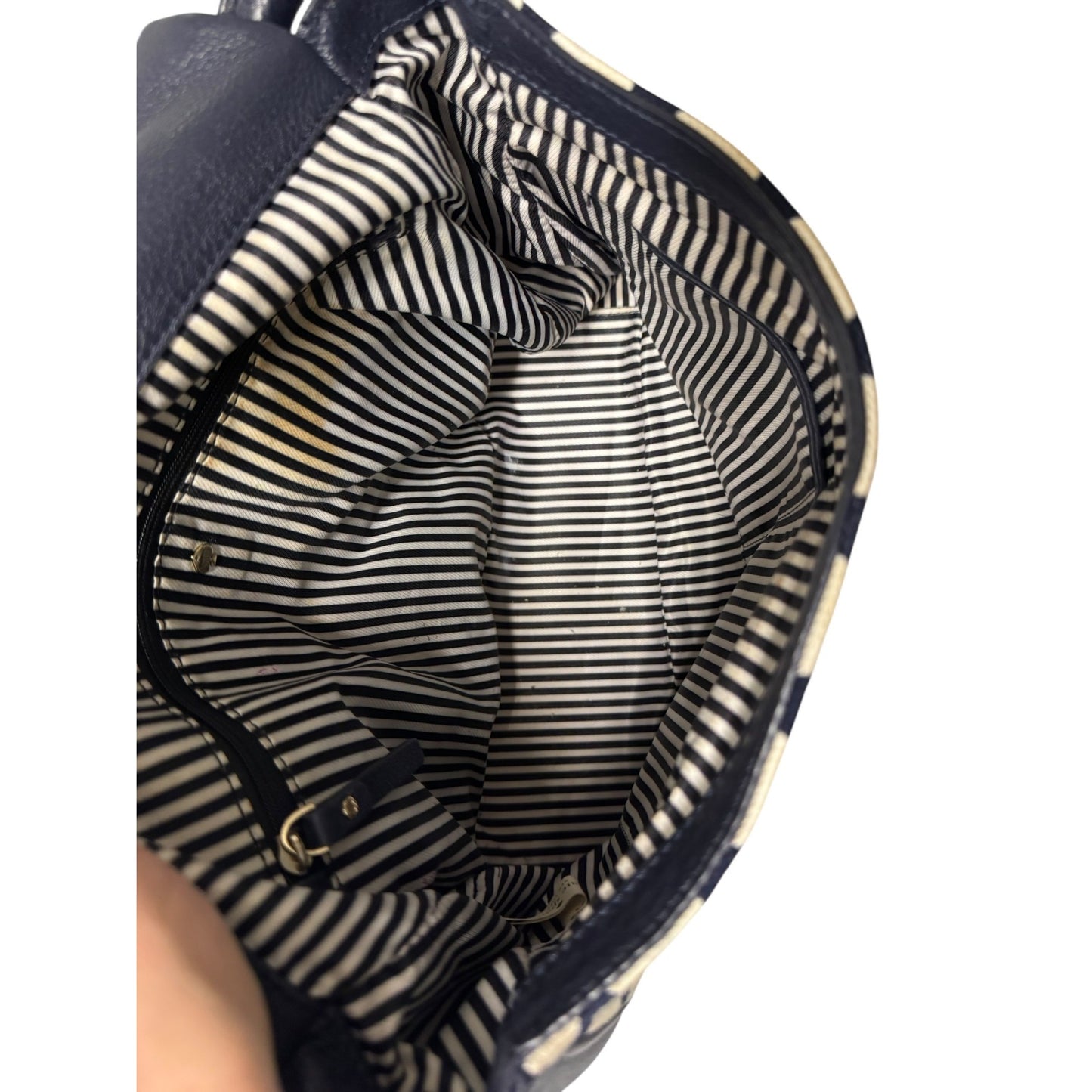 Kate Spade Leather & Canvas Navy Blue And Cream White Polka Dot Shoulder Bag