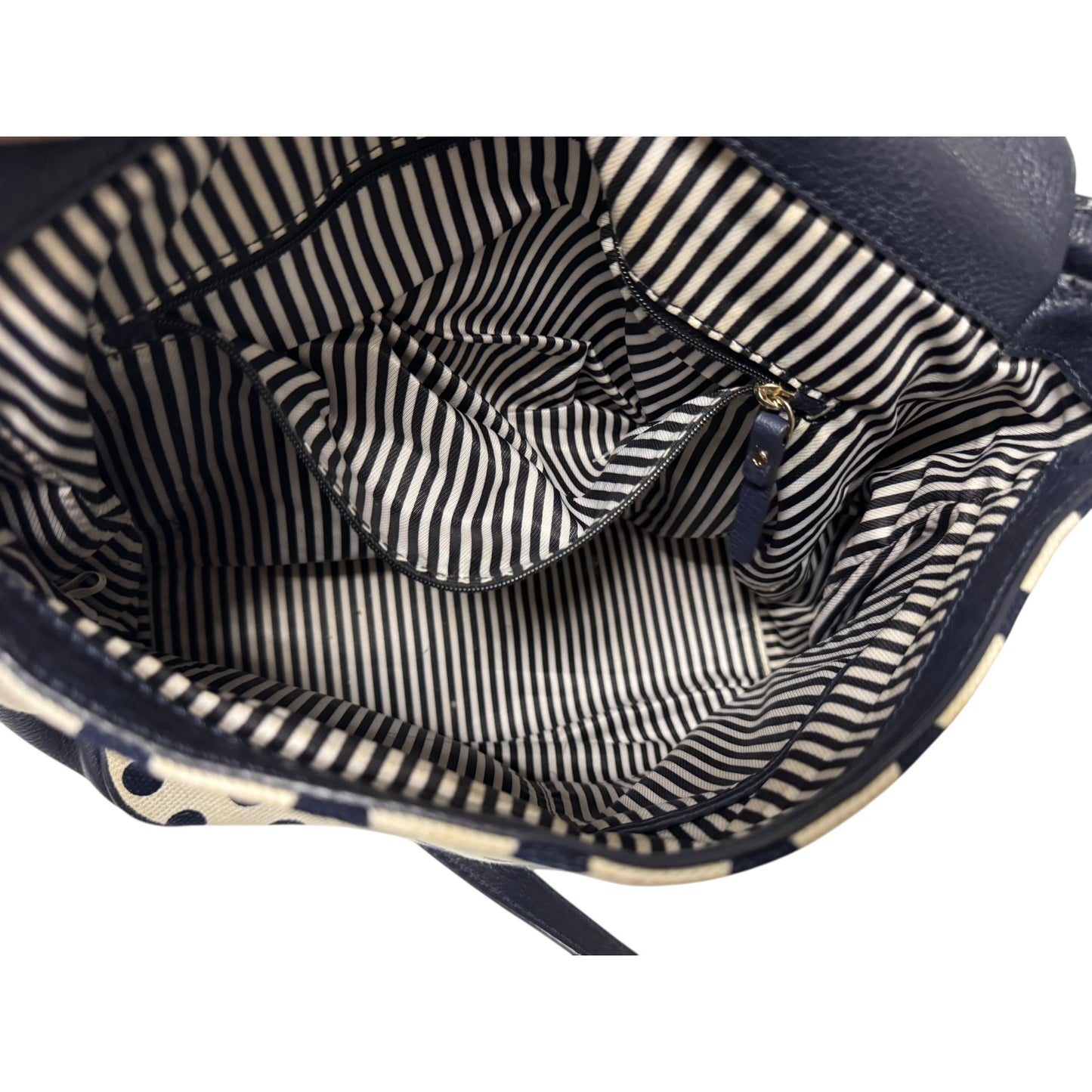 Kate Spade Leather & Canvas Navy Blue And Cream White Polka Dot Shoulder Bag