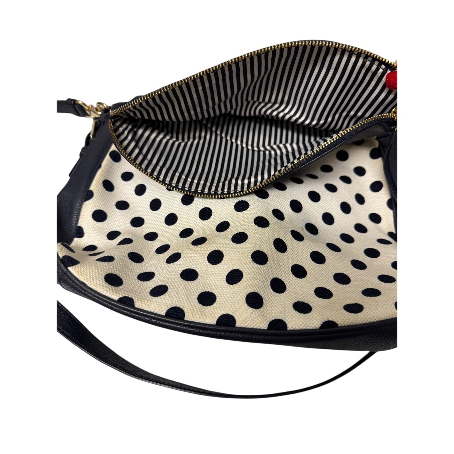 Kate Spade Leather & Canvas Navy Blue And Cream White Polka Dot Shoulder Bag