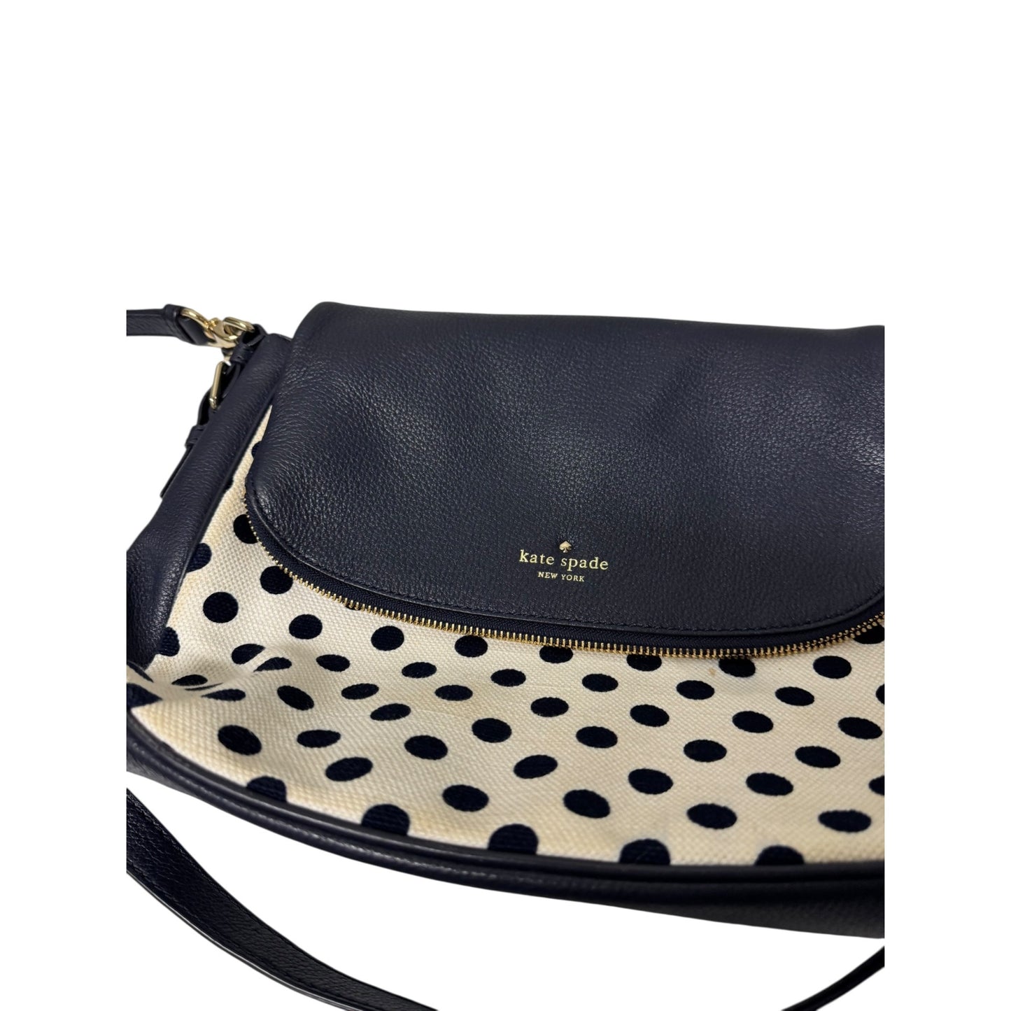 Kate Spade Leather & Canvas Navy Blue And Cream White Polka Dot Shoulder Bag