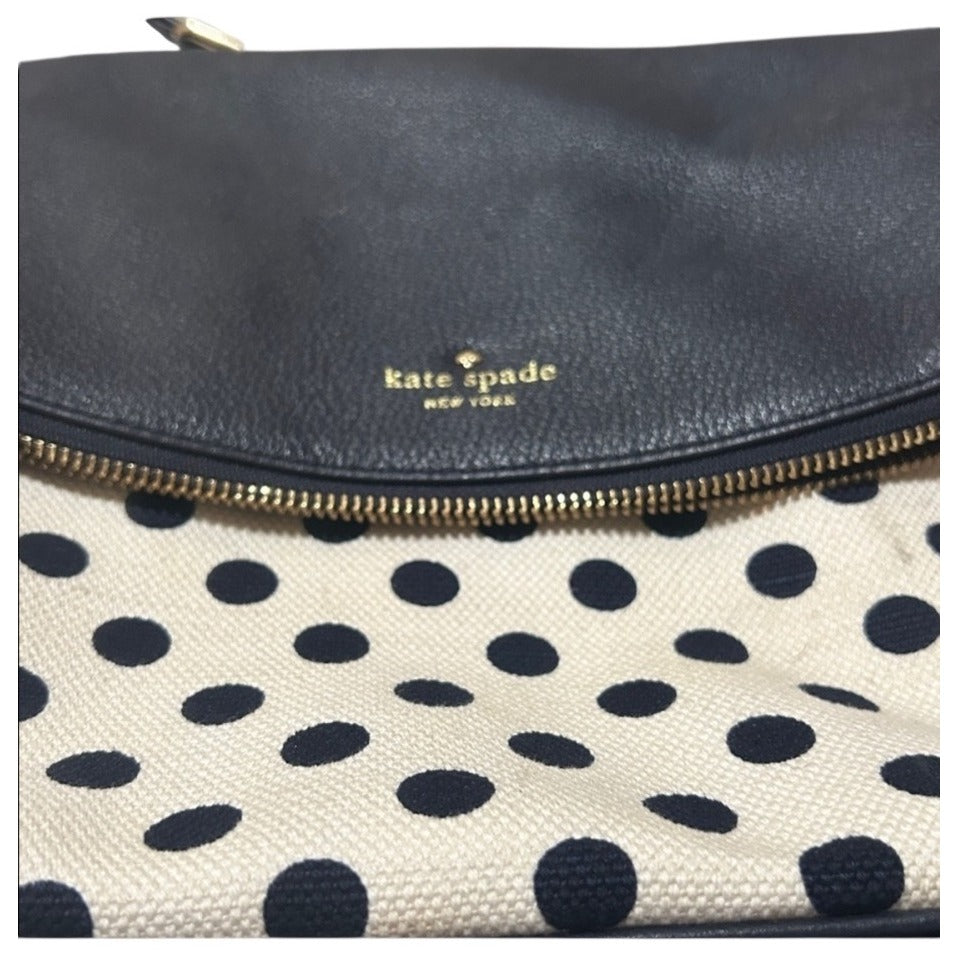 Kate Spade Leather & Canvas Navy Blue And Cream White Polka Dot Shoulder Bag