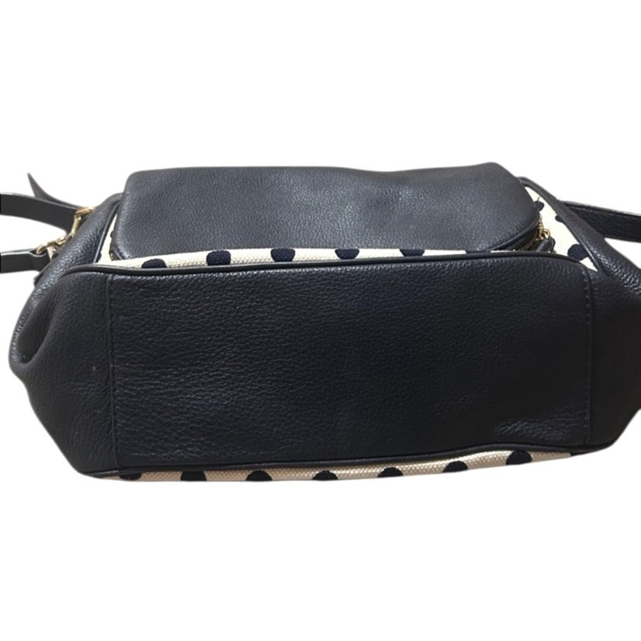 Kate Spade Leather & Canvas Navy Blue And Cream White Polka Dot Shoulder Bag