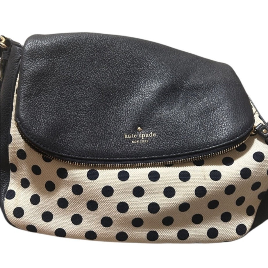 Kate Spade Leather & Canvas Navy Blue And Cream White Polka Dot Shoulder Bag