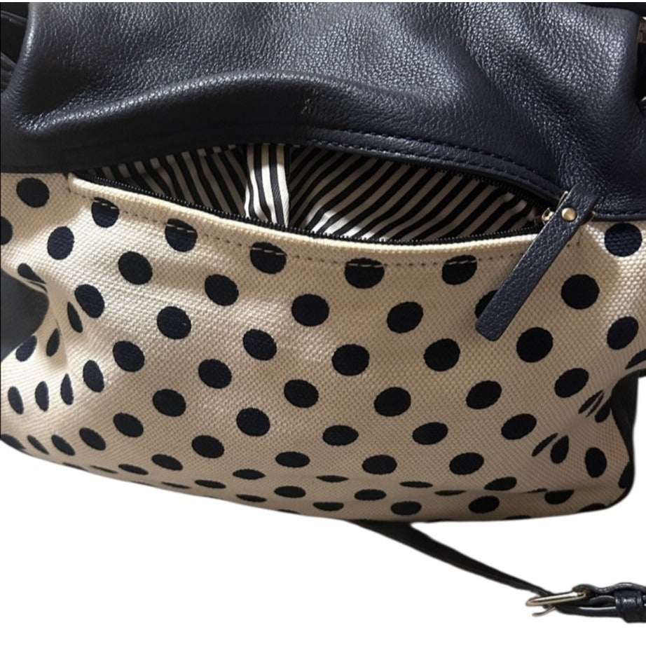 Kate Spade Leather & Canvas Navy Blue And Cream White Polka Dot Shoulder Bag