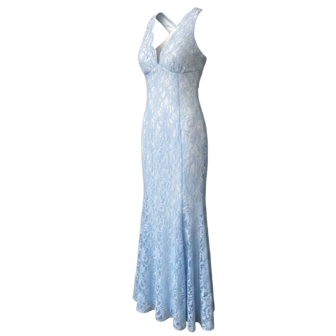Morgan & Co Light Blue Lace Maxi Dress With Halter Neck & Open Back Size 7
