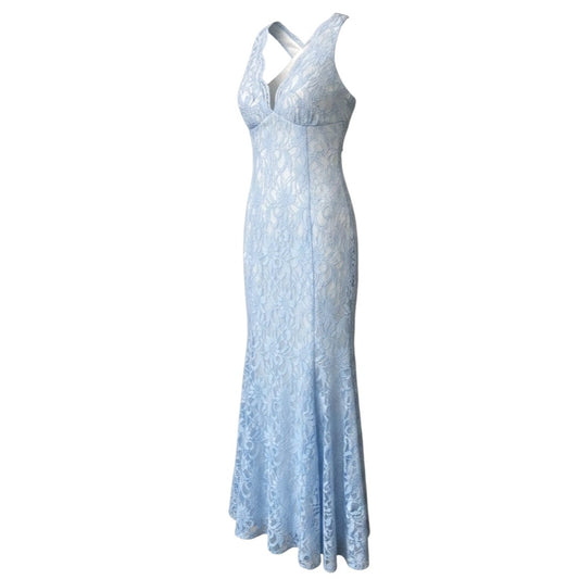 Morgan & Co Light Blue Lace Maxi Dress With Halter Neck & Open Back Size 7