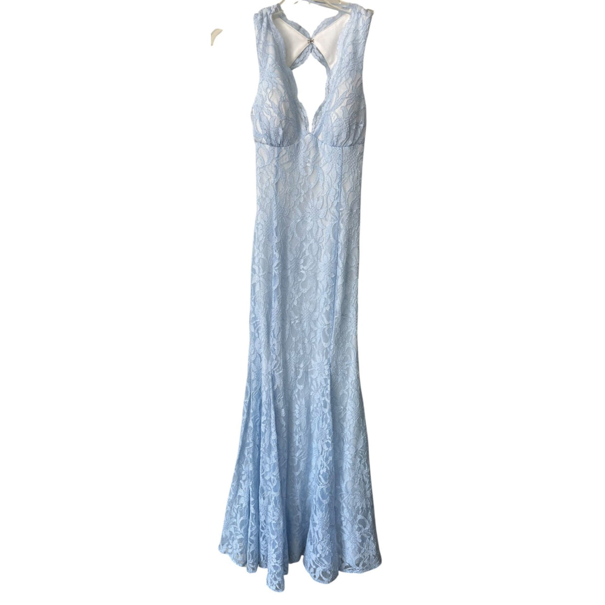 Morgan & Co Light Blue Lace Maxi Dress With Halter Neck & Open Back Size 7