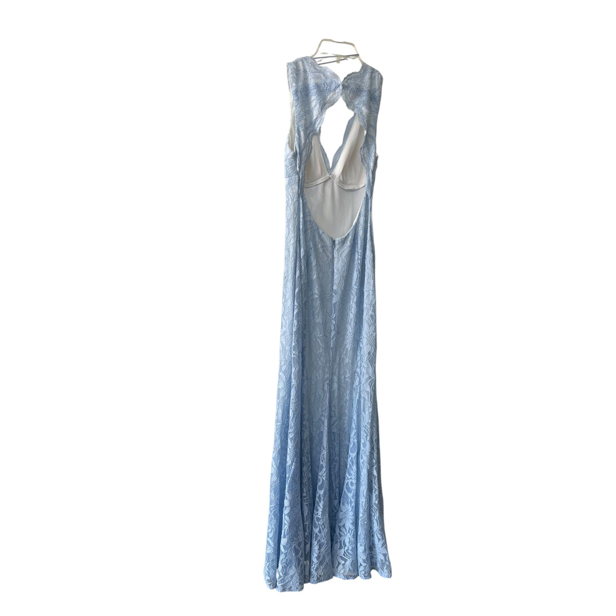 Morgan & Co Light Blue Lace Maxi Dress With Halter Neck & Open Back Size 7