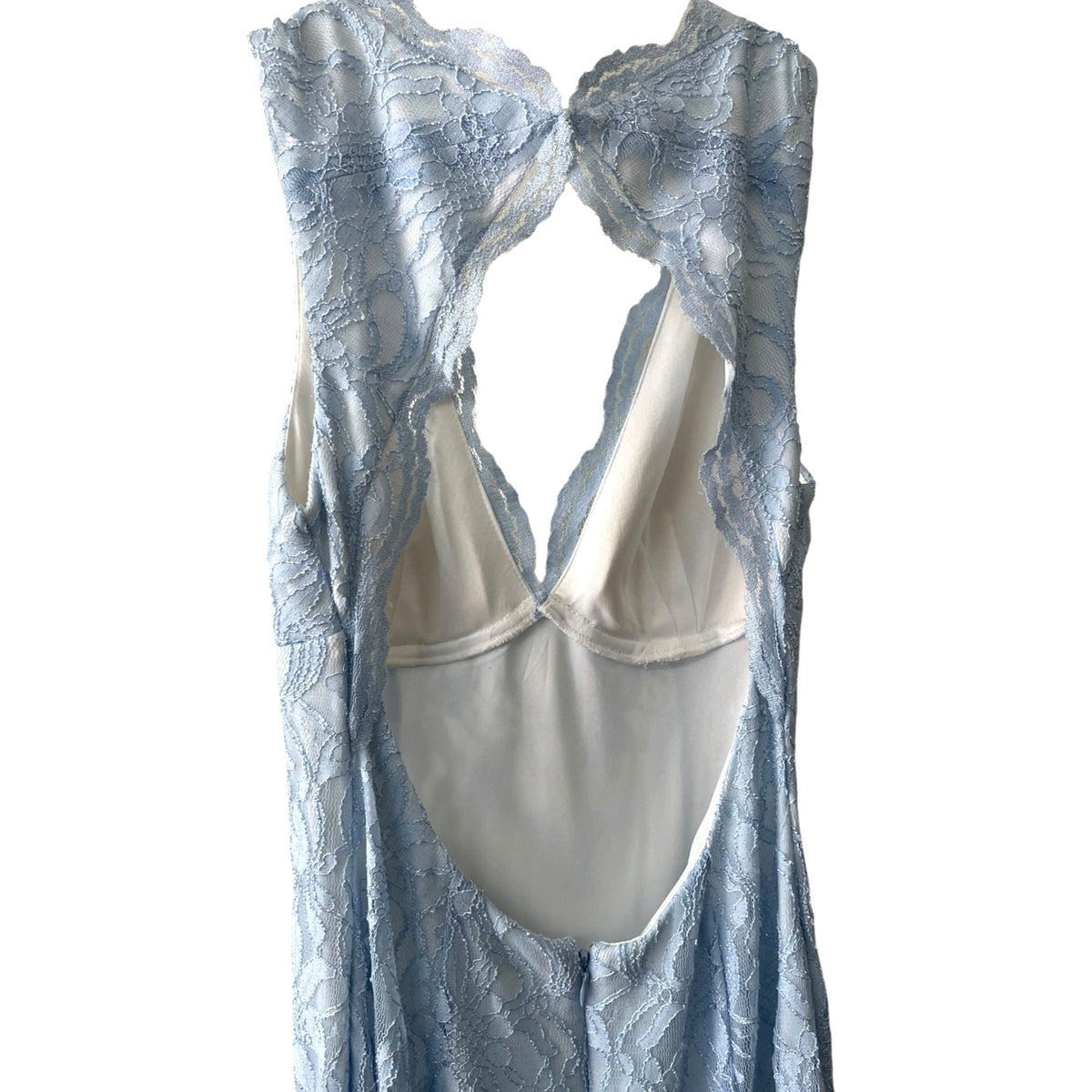 Morgan & Co Light Blue Lace Maxi Dress With Halter Neck & Open Back Size 7