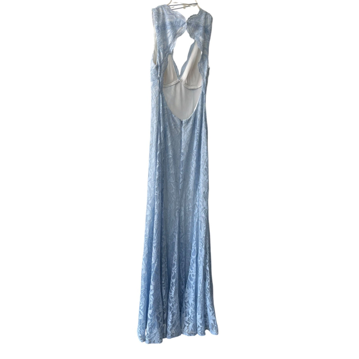 Morgan & Co Light Blue Lace Maxi Dress With Halter Neck & Open Back Size 7