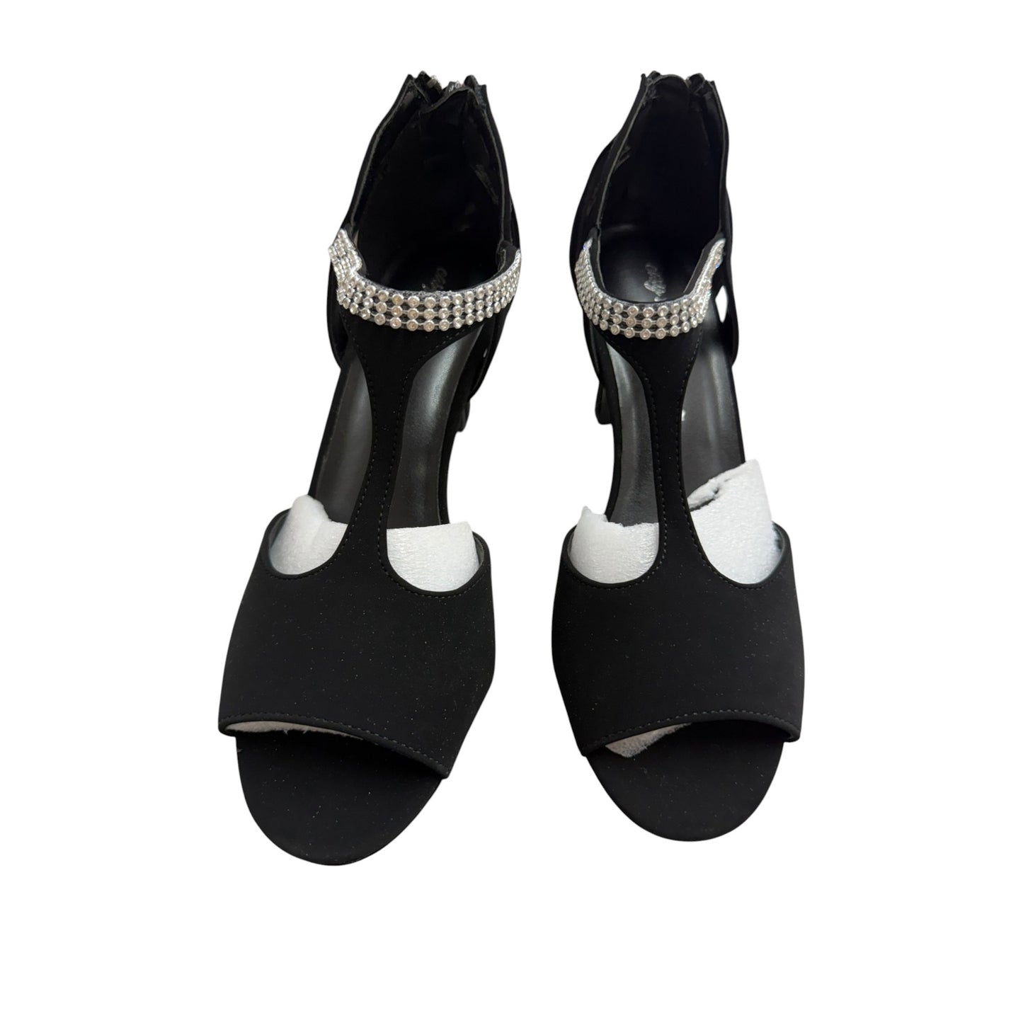 Easy Street Black Rhinestone T-Strap Open-Toe Heels With Rear Zip Closure Size 8.5 NWOB
