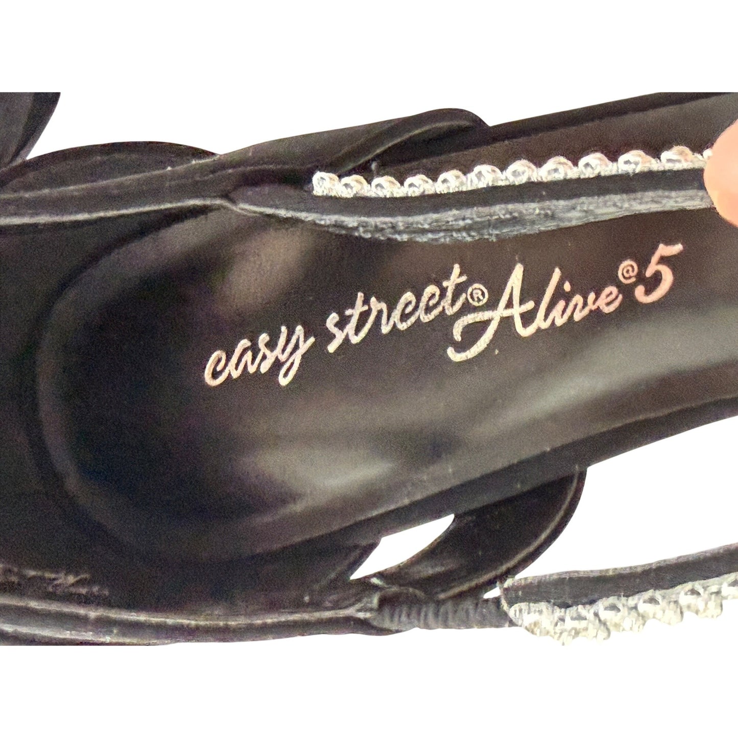 Easy Street Black Rhinestone T-Strap Open-Toe Heels With Rear Zip Closure Size 8.5 NWOB