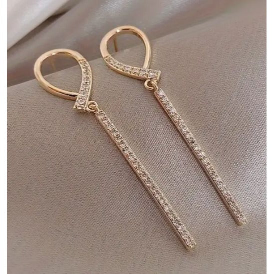 Gold Tone Long Drop Earrings With Rhinestone Detailing For Women
