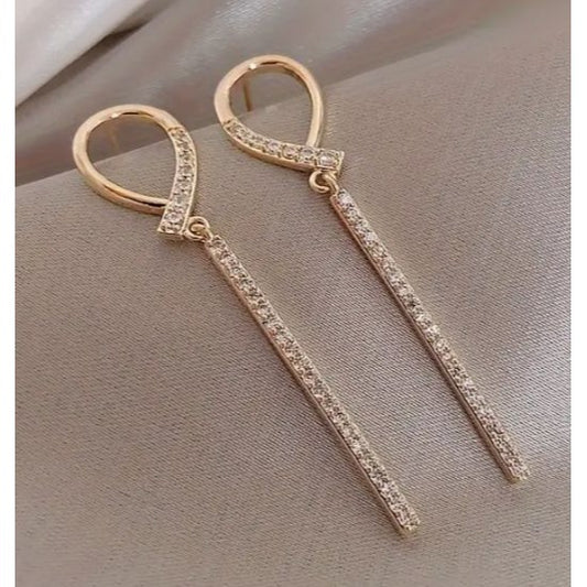 Gold Tone Long Drop Earrings With Rhinestone Detailing For Women