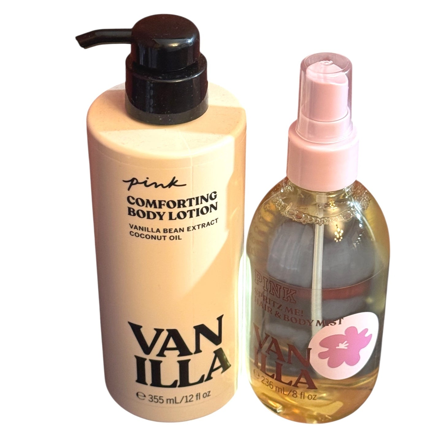Pink Vanilla Body Lotion & Hair/Body Mist Set 12 Fl Oz & 8 Fl Oz Vanilla Bean Extract Coconut Oil