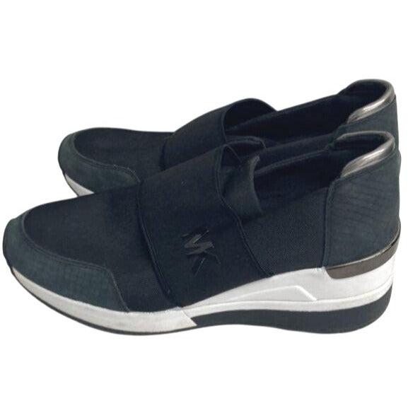 Michael Kors Black Slip-On Sneakers 8M Womens Designer Shoes W/ Metallic Accents & Textile/Leather Composition