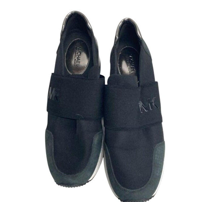 Michael Kors Black Slip-On Sneakers 8M Womens Designer Shoes W/ Metallic Accents & Textile/Leather Composition
