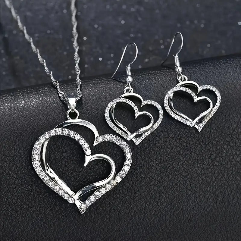 Double Silver Tone Heart 3Pc Pendant Necklace & Earring Set
