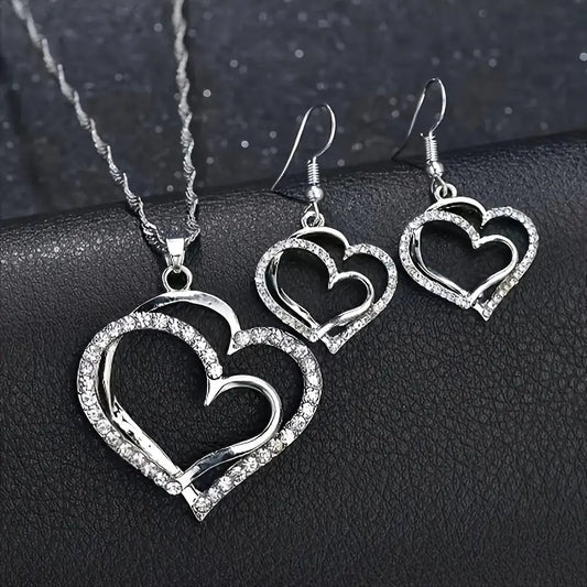 Double Silver Tone Heart 3Pc Pendant Necklace & Earring Set