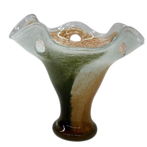 Handblown Glass Art Vase With Wavy Rim & Earth Tone Swirl Design