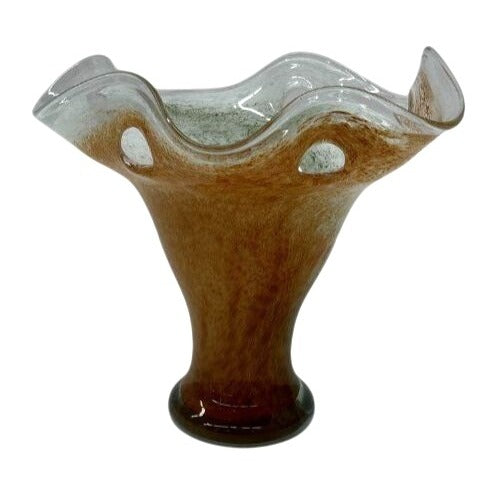 Handblown Glass Art Vase With Wavy Rim & Earth Tone Swirl Design