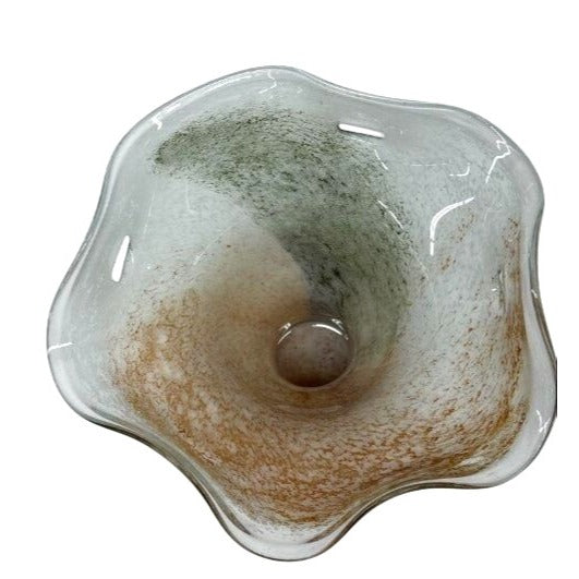 Handblown Glass Art Vase With Wavy Rim & Earth Tone Swirl Design